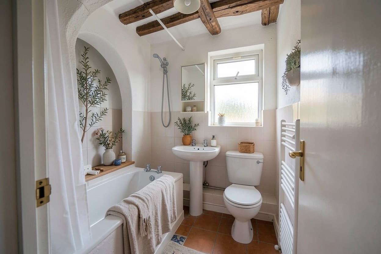 Aceeași baie în stil mediteranean, cu faianță nouă, mobilier de baie și oglindă, în aceeași formă