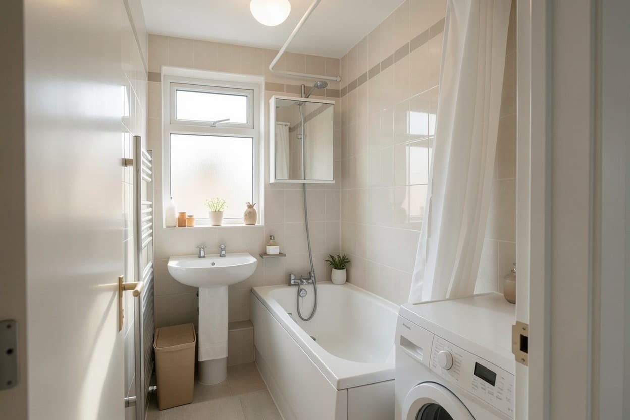 Dezelfde badkamer na een minimalistisch herontwerp, met nieuw sanitair en lichte tegels