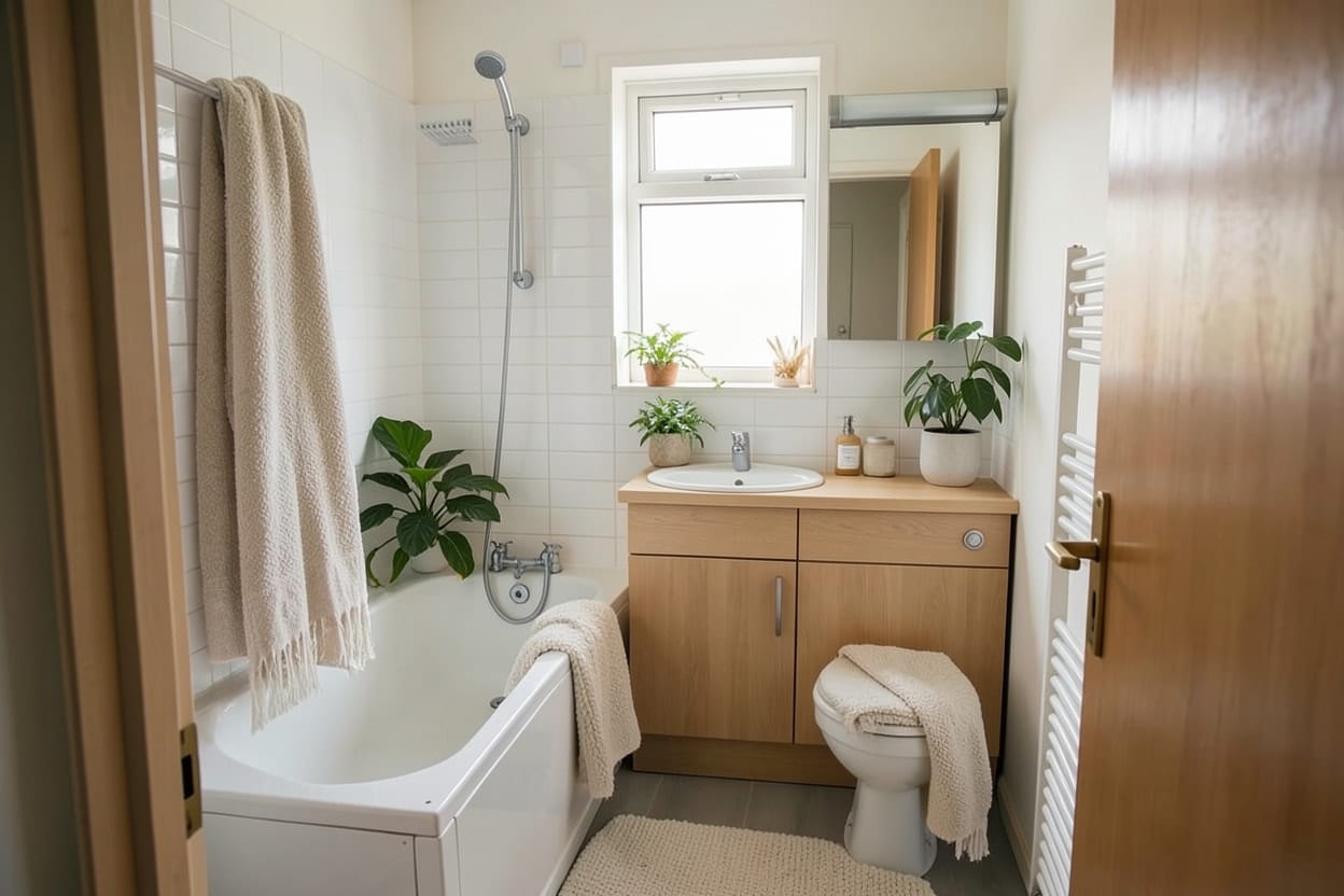 El mismo baño rediseñado en estilo escandinavo con blanco, madera de roble claro, gris suave y plantas