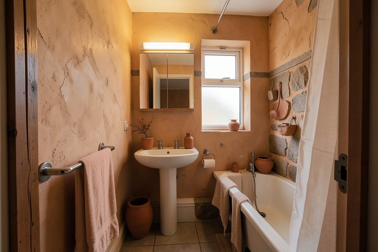 Ugyanaz a fürdőszoba wabi-sabi stílusban, meszelt falakkal, kővel és nyers fával