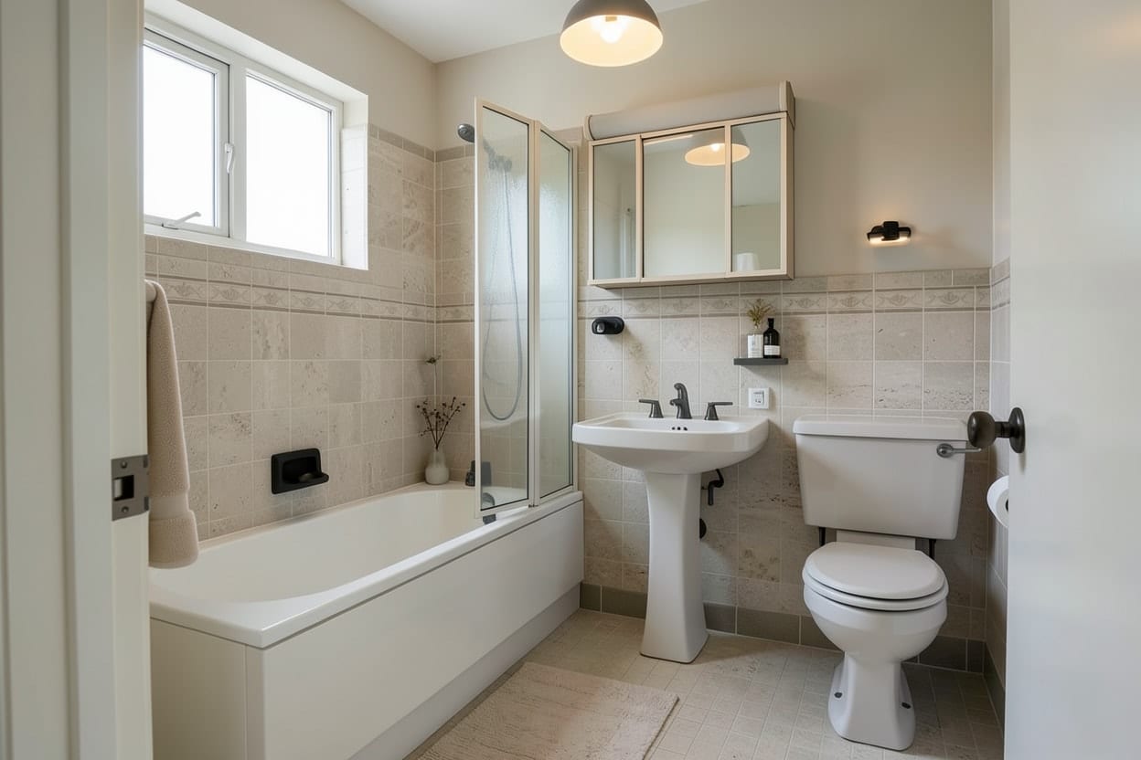 O mesmo banheiro em estilo luxo silencioso, com paredes em tom de pedra, louças brancas, metais escovados e a banheira no mesmo lugar