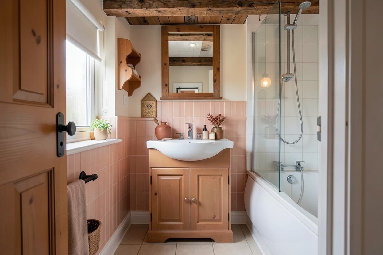 El mismo baño en estilo rústico moderno con mueble de madera cálida, revestimiento imitación piedra y grifería negra