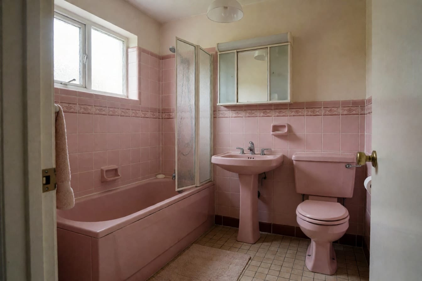 Banheiro dos anos 80 com azulejo rosa e faixa decorativa, banheira rosa com divisória de vidro, pia de coluna e vaso rosa, piso bege