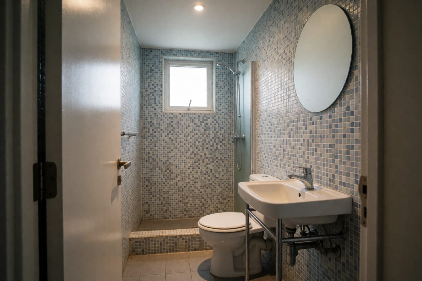 Baño pequeño con paredes de gresite azul y blanco, lavabo con pie cromado y ducha con escalón y puerta de cristal