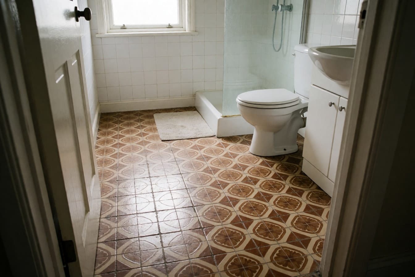 Suelo de baño con baldosa antigua marrón y crema de dibujo, inodoro blanco y ducha de obra con mampara de cristal