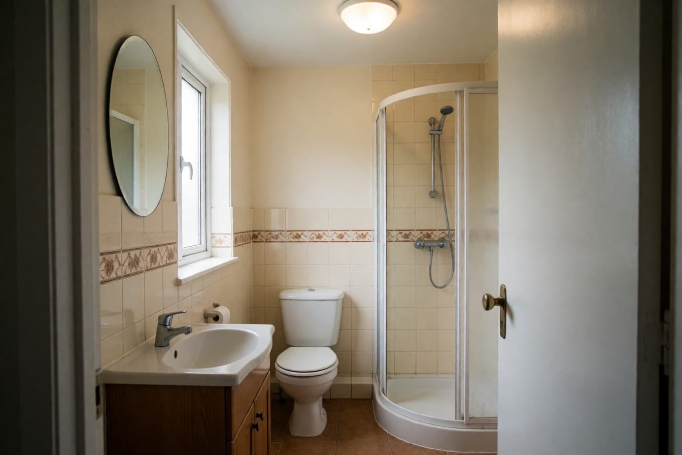 Banheiro pequeno com azulejo creme e faixa decorativa marrom, gabinete de madeira, espelho oval e piso marrom