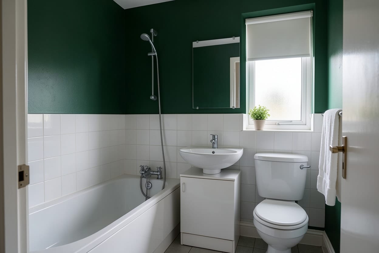 O mesmo banheiro com paredes pintadas de verde-floresta, banheira e louças brancas e metais cromados