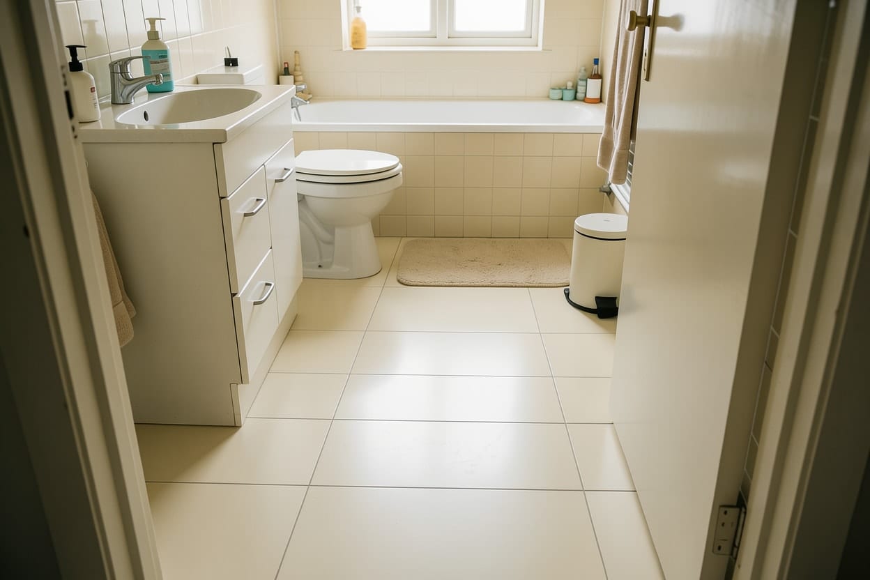 El mismo baño con suelo de gres porcelánico claro de gran formato y pocas juntas