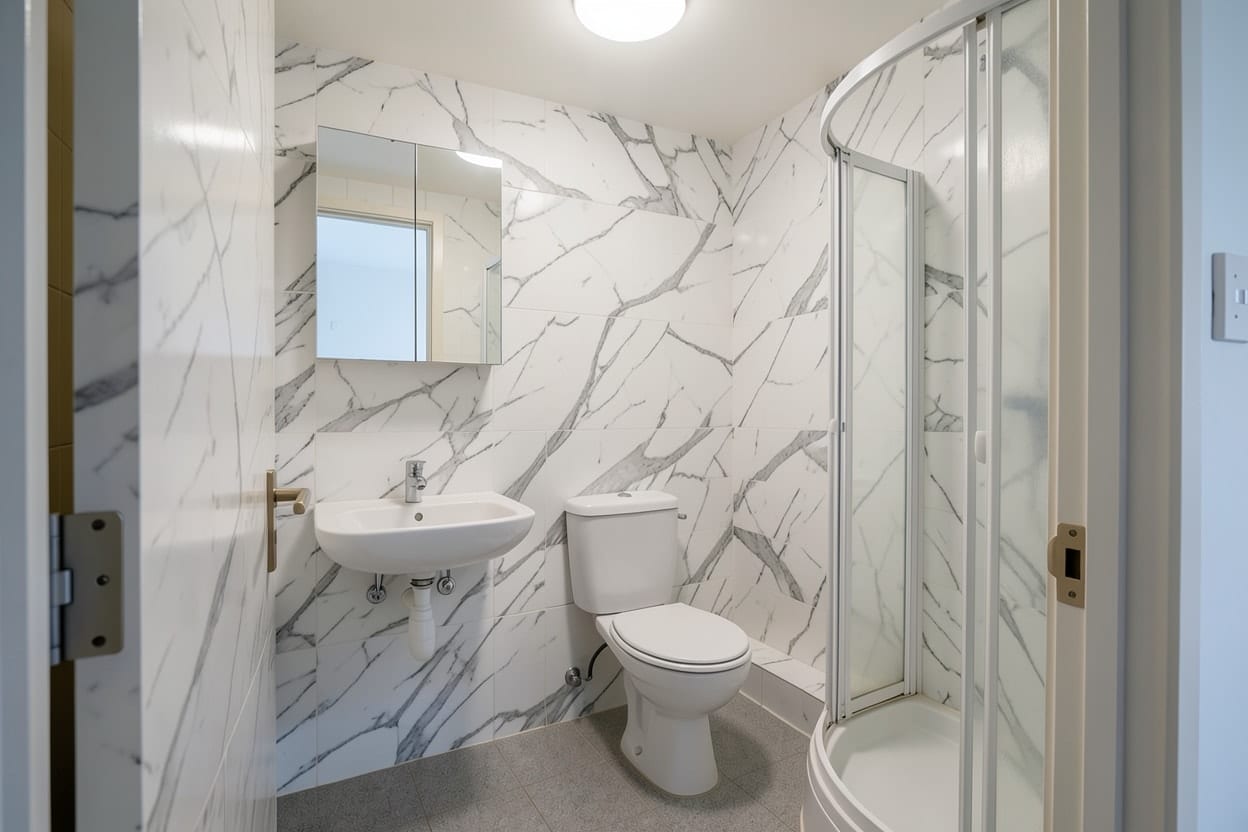 El mismo baño con las paredes revestidas de grandes placas de mármol blanco veteado y el resto sin cambios