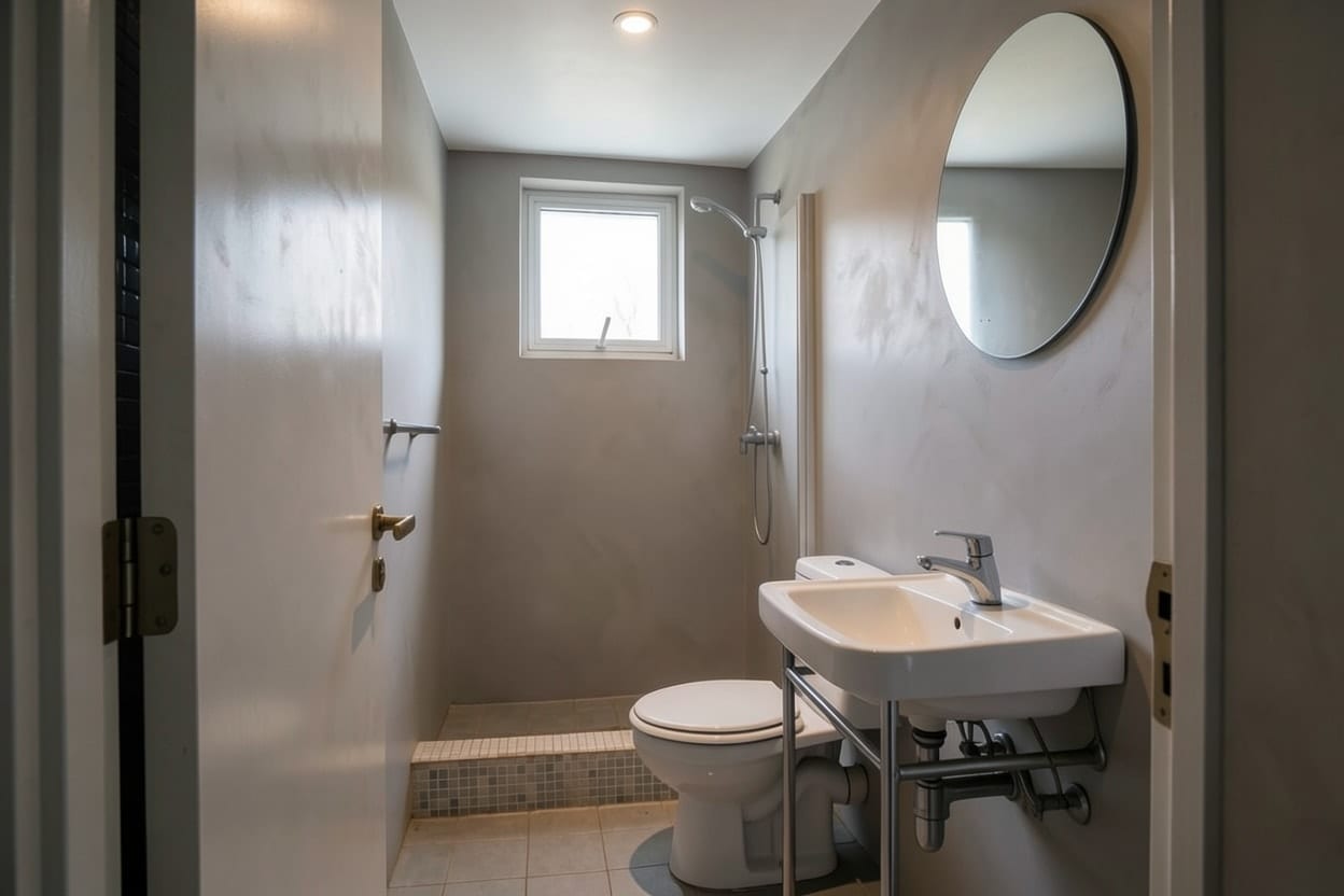 El mismo baño con paredes continuas de microcemento gris claro en lugar del mosaico azul