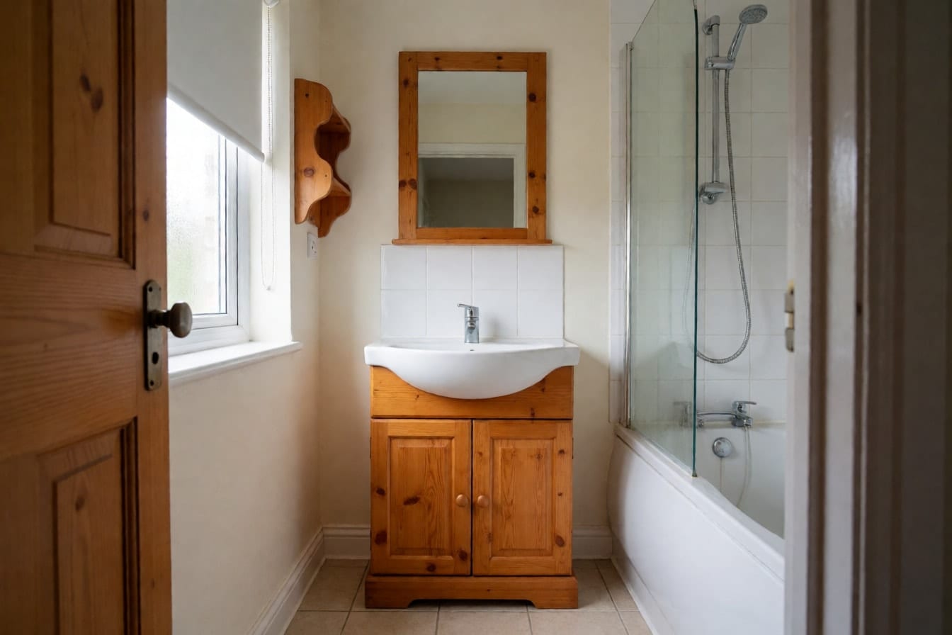 Baño con mueble de lavabo de pino barnizado, espejo con marco de pino, azulejo blanco a media altura y bañera con mampara