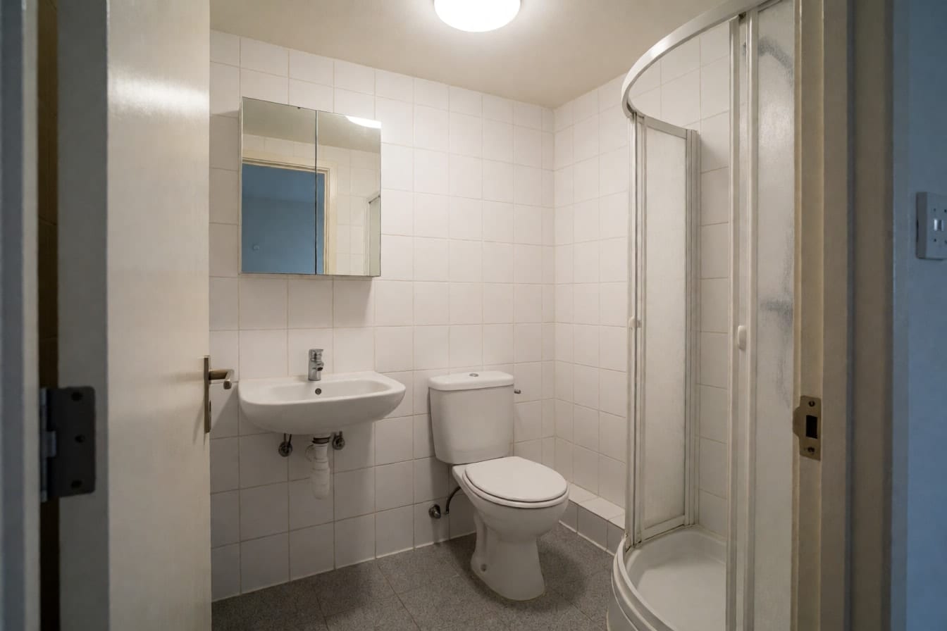 Baño de alquiler con azulejo blanco cuadrado del suelo al techo, lavabo suspendido y ducha de esquina con puerta curva