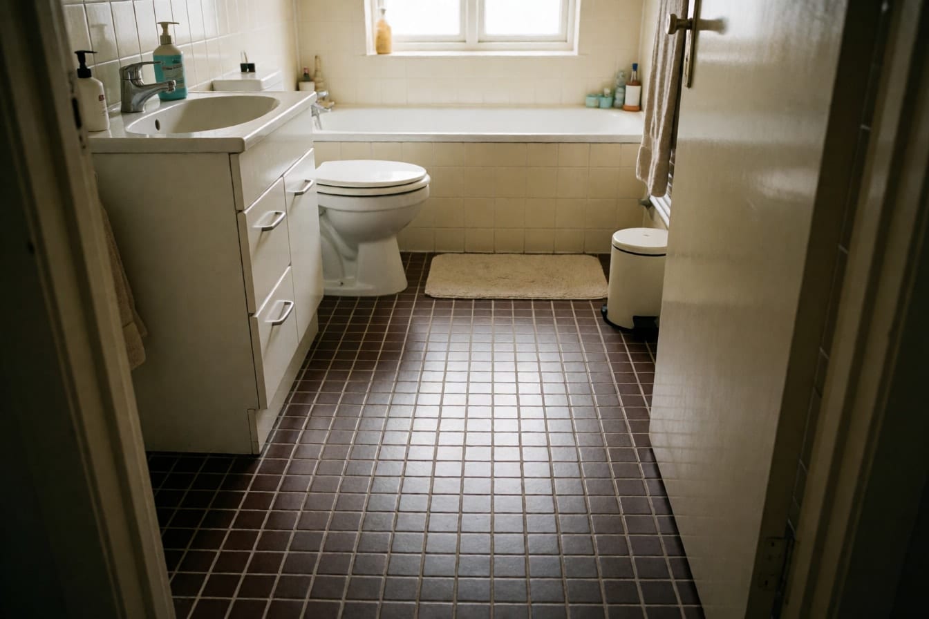 Suelo de baño con baldosa pequeña marrón oscuro y juntas anchas, mueble blanco, inodoro y bañera al fondo