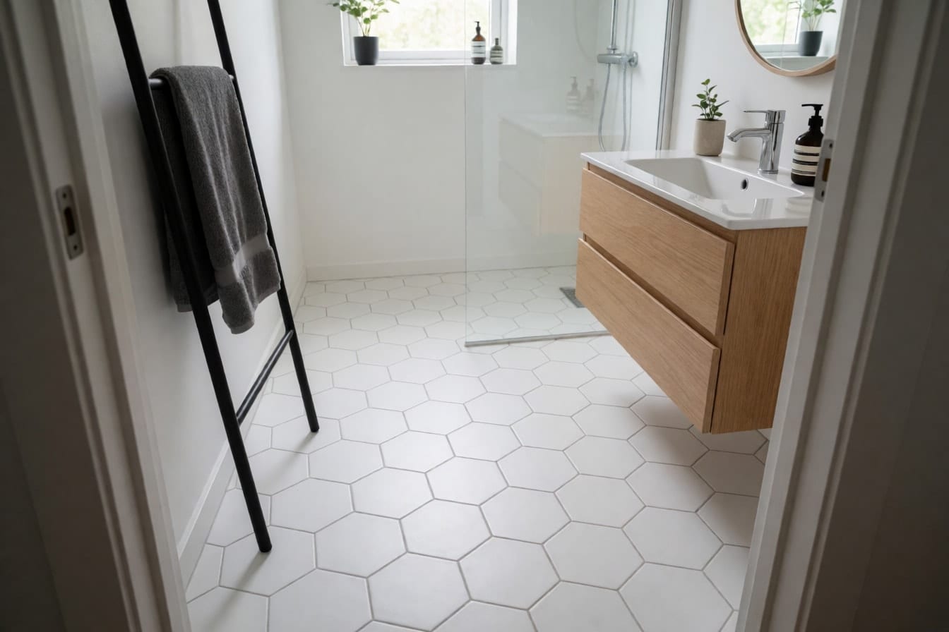 Baño moderno con suelo de baldosa hexagonal blanca que continúa en la ducha, mueble de madera clara y espejo redondo