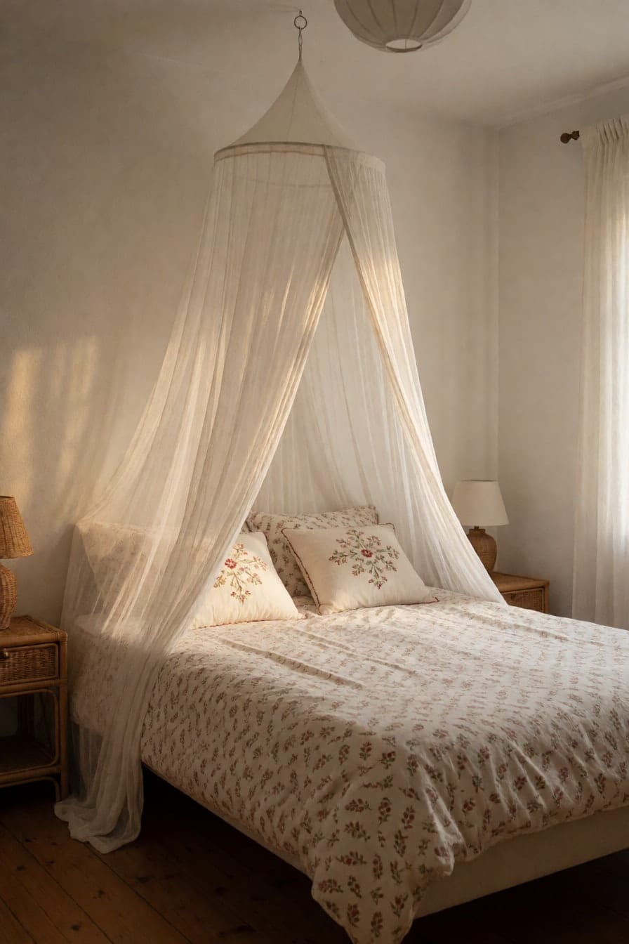 Seng med hvid sengehimmel i tynd voile fra en ring i loftet, mønstret sengetøj, broderede puder og sengebord i rattan