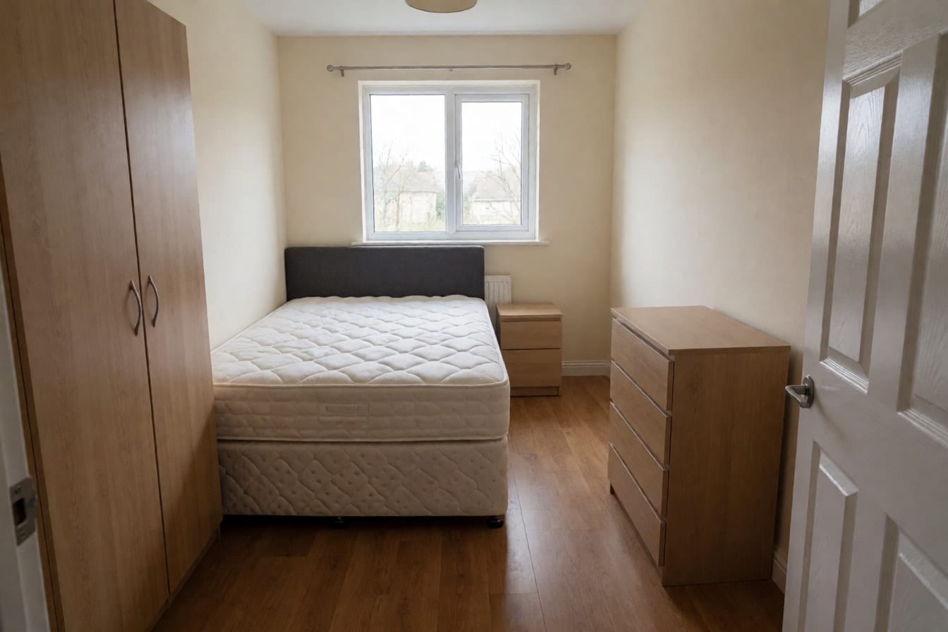 Ungünstig gestelltes Schlafzimmer mit Bett unter dem Fenster, einer Bettseite an der Wand und einer Kommode direkt neben der Tür
