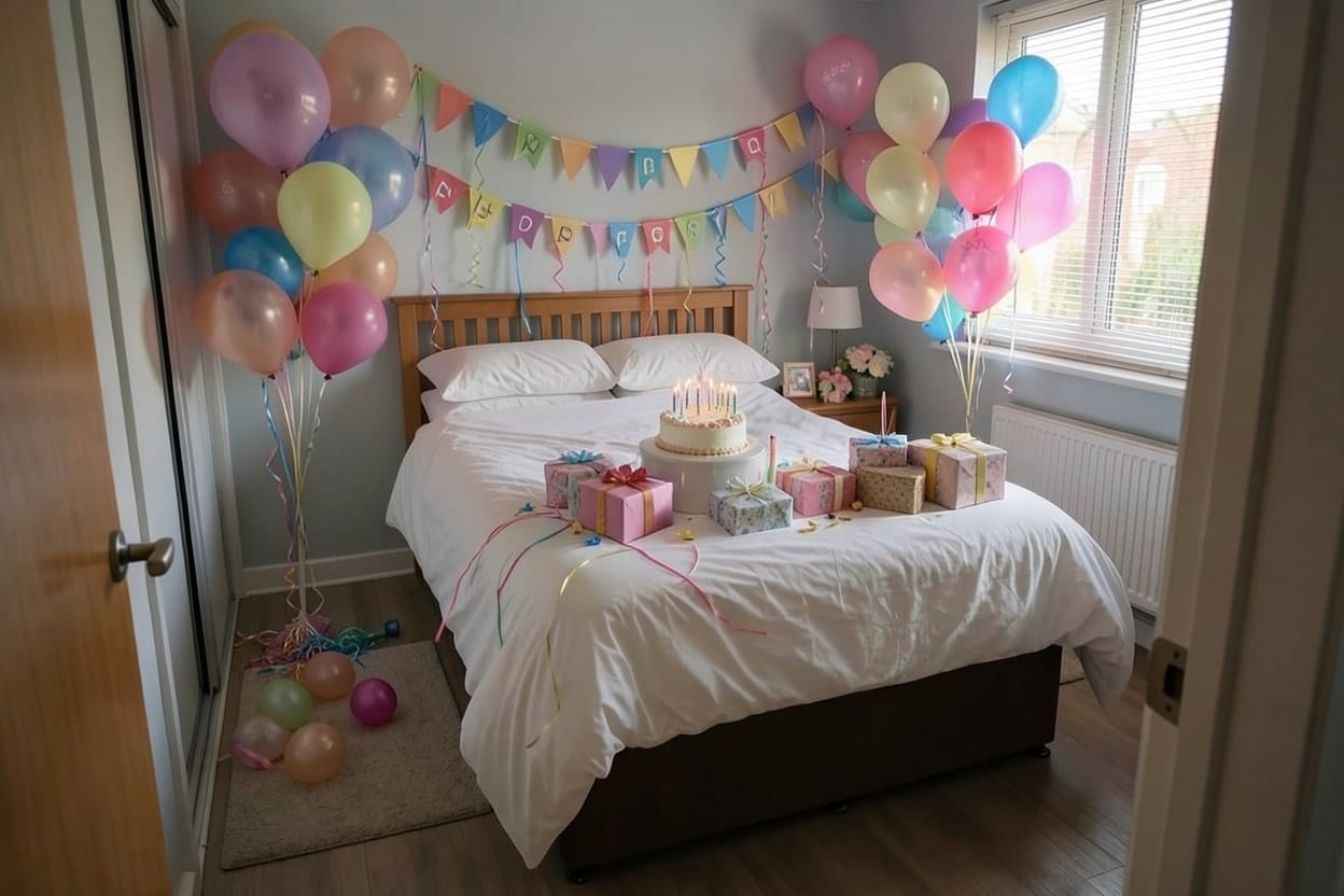 Parehong kuwarto na dinekorasyunan para sa birthday surprise, may mga lobo sa paligid ng kama at palamuti sa dingding