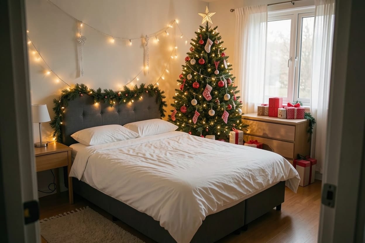 Parehong kuwarto na may fairy lights sa headboard, maliit na Christmas tree sa tokador at garland sa bintana