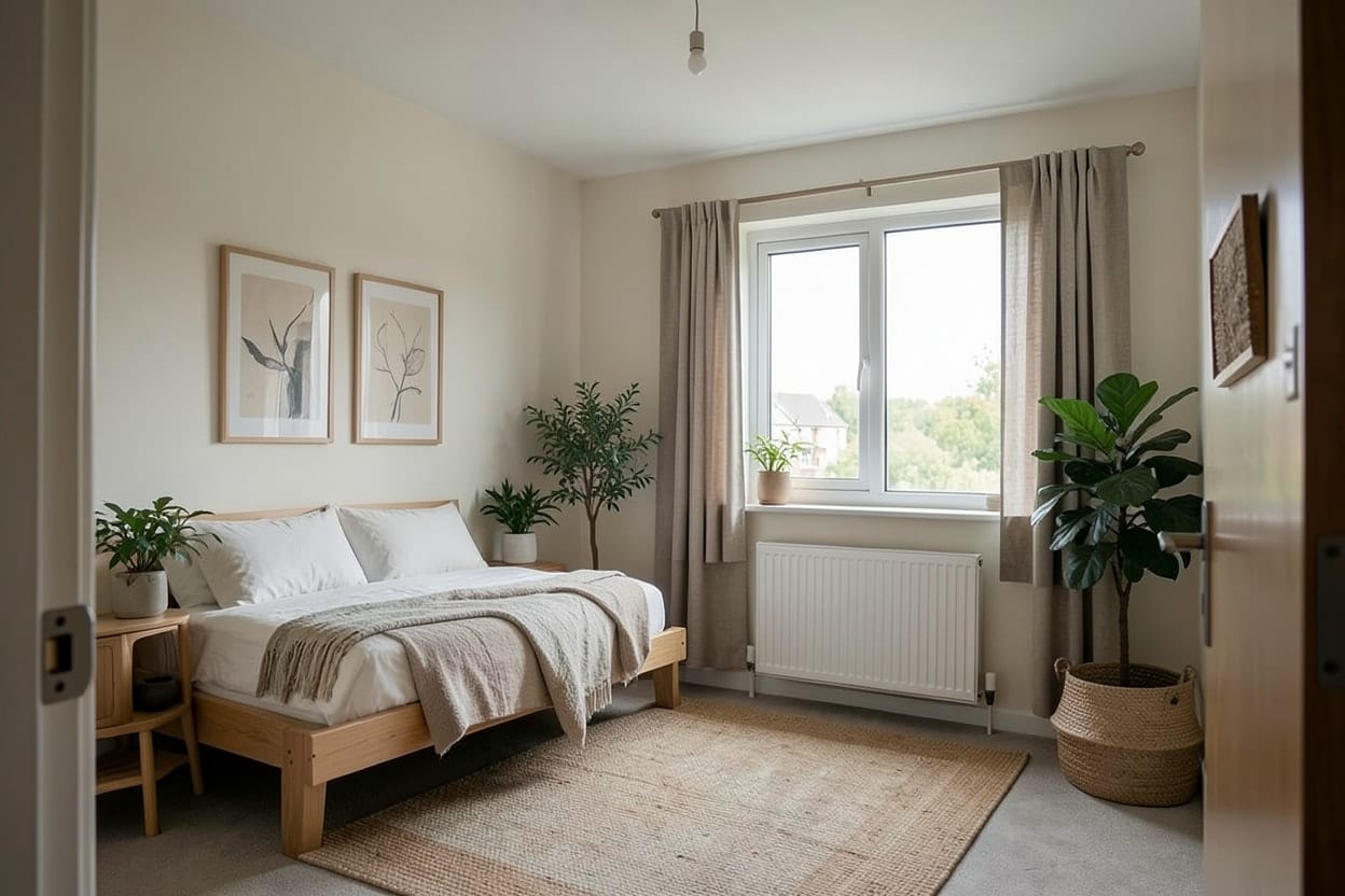 The same bedroom furnished in Japandi style with a low oak bed, linen bedding, a paper lamp and a rug
