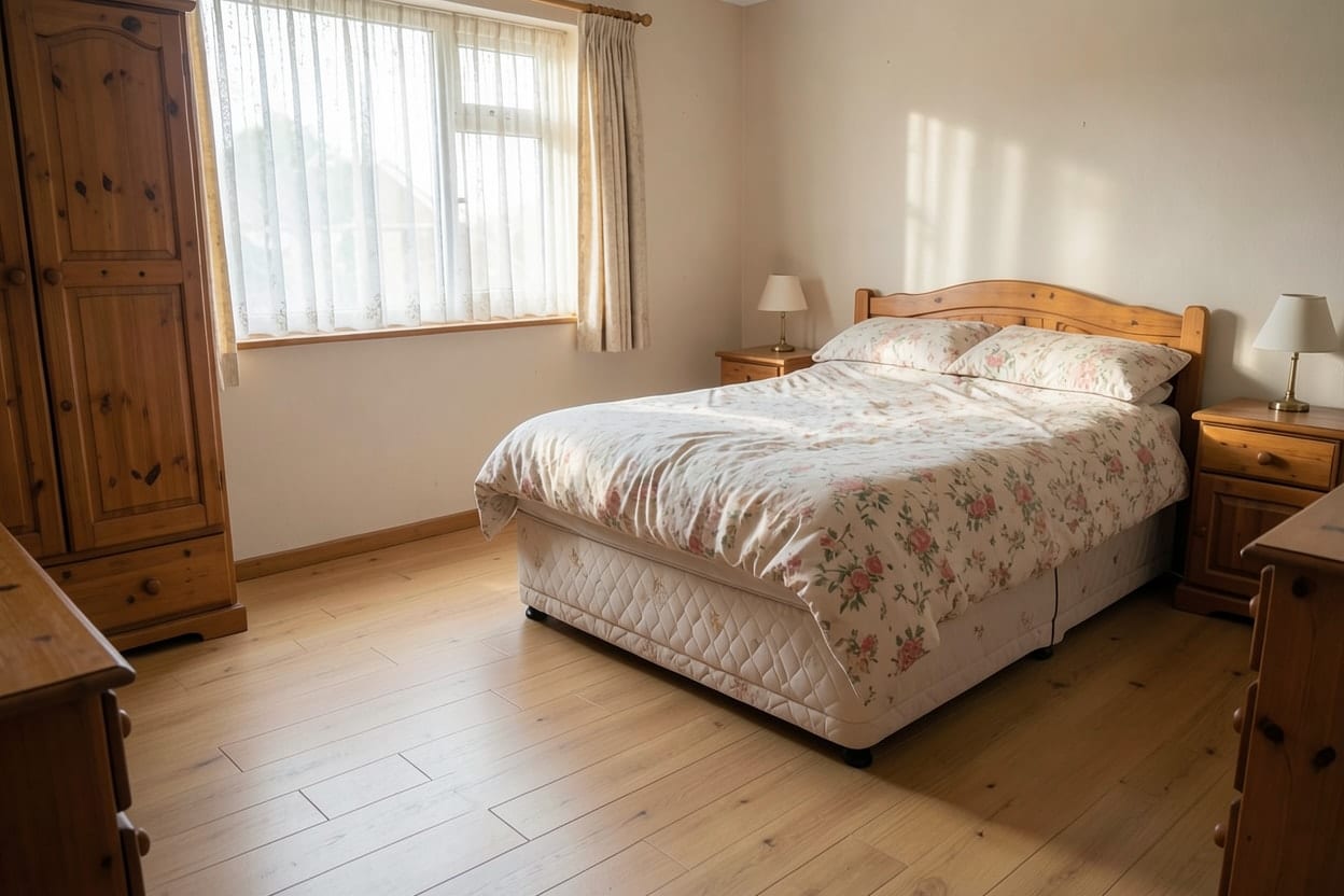 A bedroom with a light oak floor in place of old carpet, with the same bed and pine wardrobe