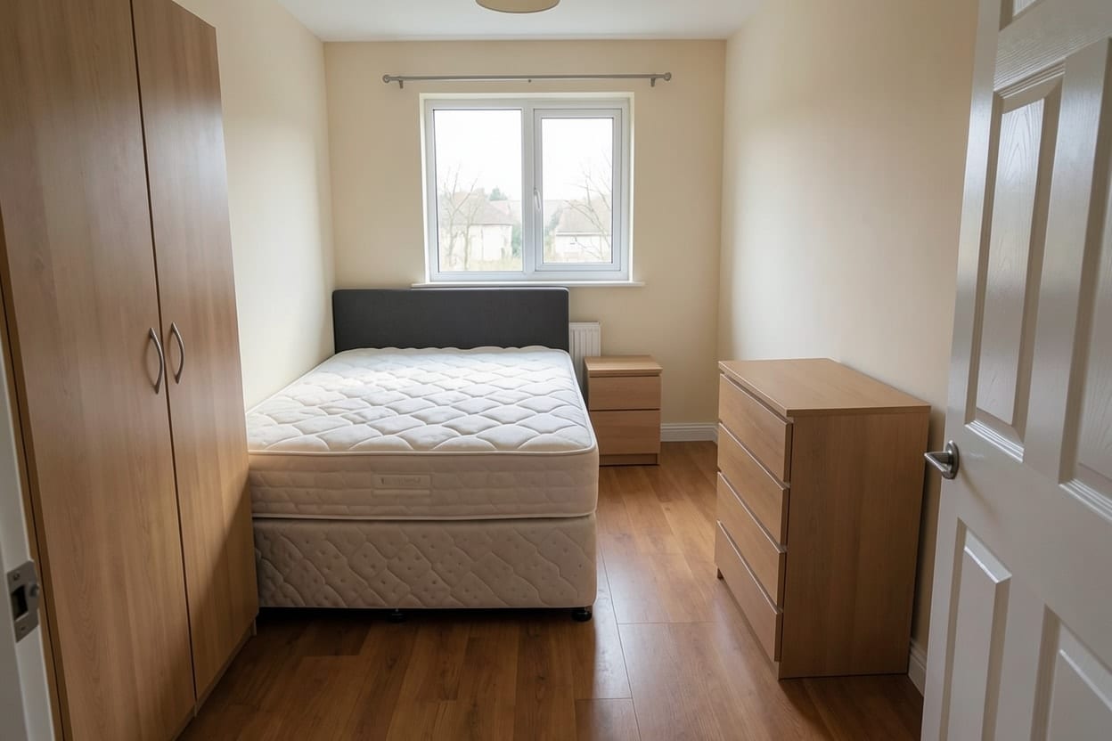 Dasselbe Schlafzimmer umgestellt, das Kopfteil an einer festen Wand und auf beiden Seiten des Betts Platz zum Gehen