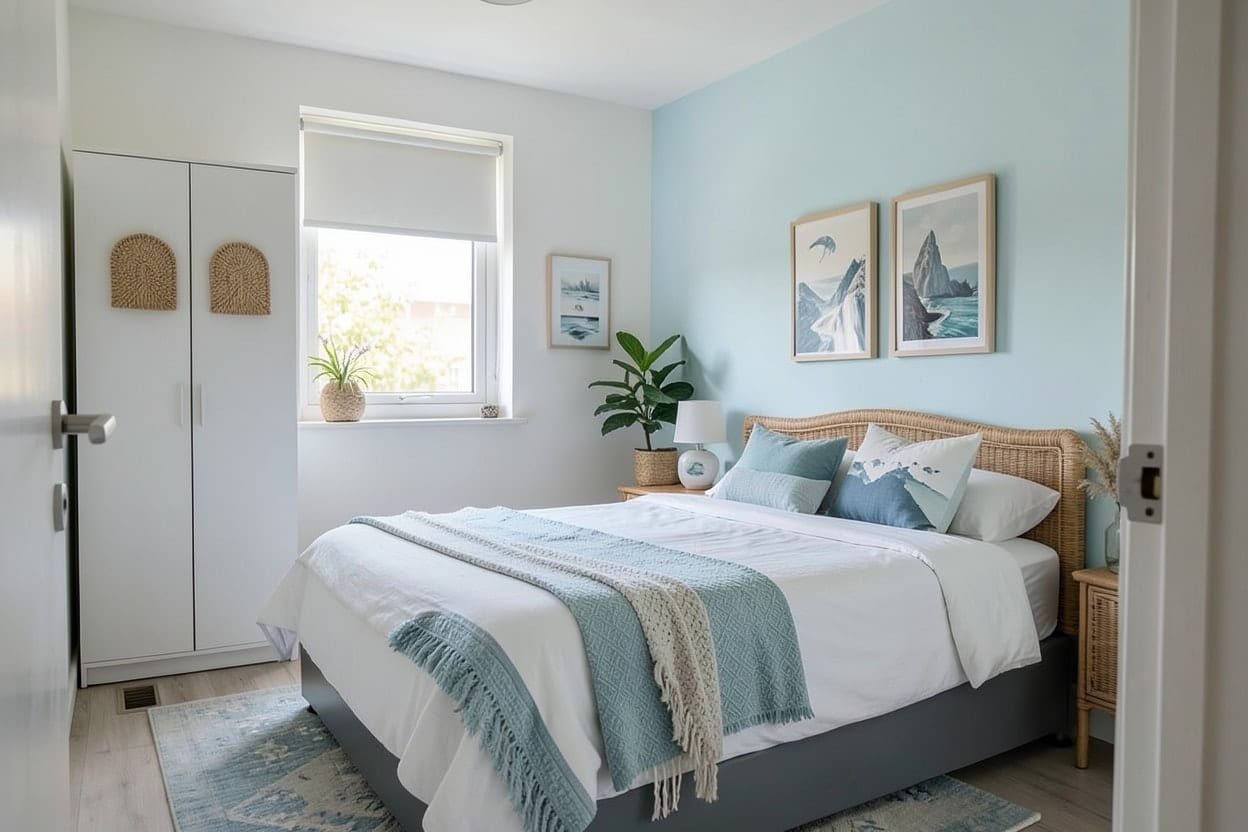 Dormitorio sencillo redecorado en estilo costero, con ropa de cama en tonos arena y azul suave, cortinas de lino y alfombra de yute
