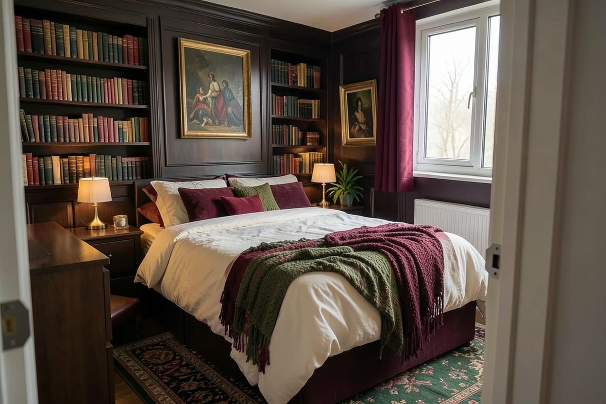 The same bedroom in dark academia style with burgundy bedding, brass lamps and stacked books