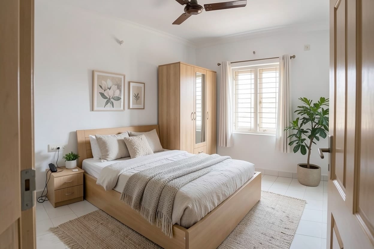 Bilik tidur dengan katil dan almari di tempat asal, kini berwarna cerah gaya Skandinavia dengan cadar linen dan lampu lembut