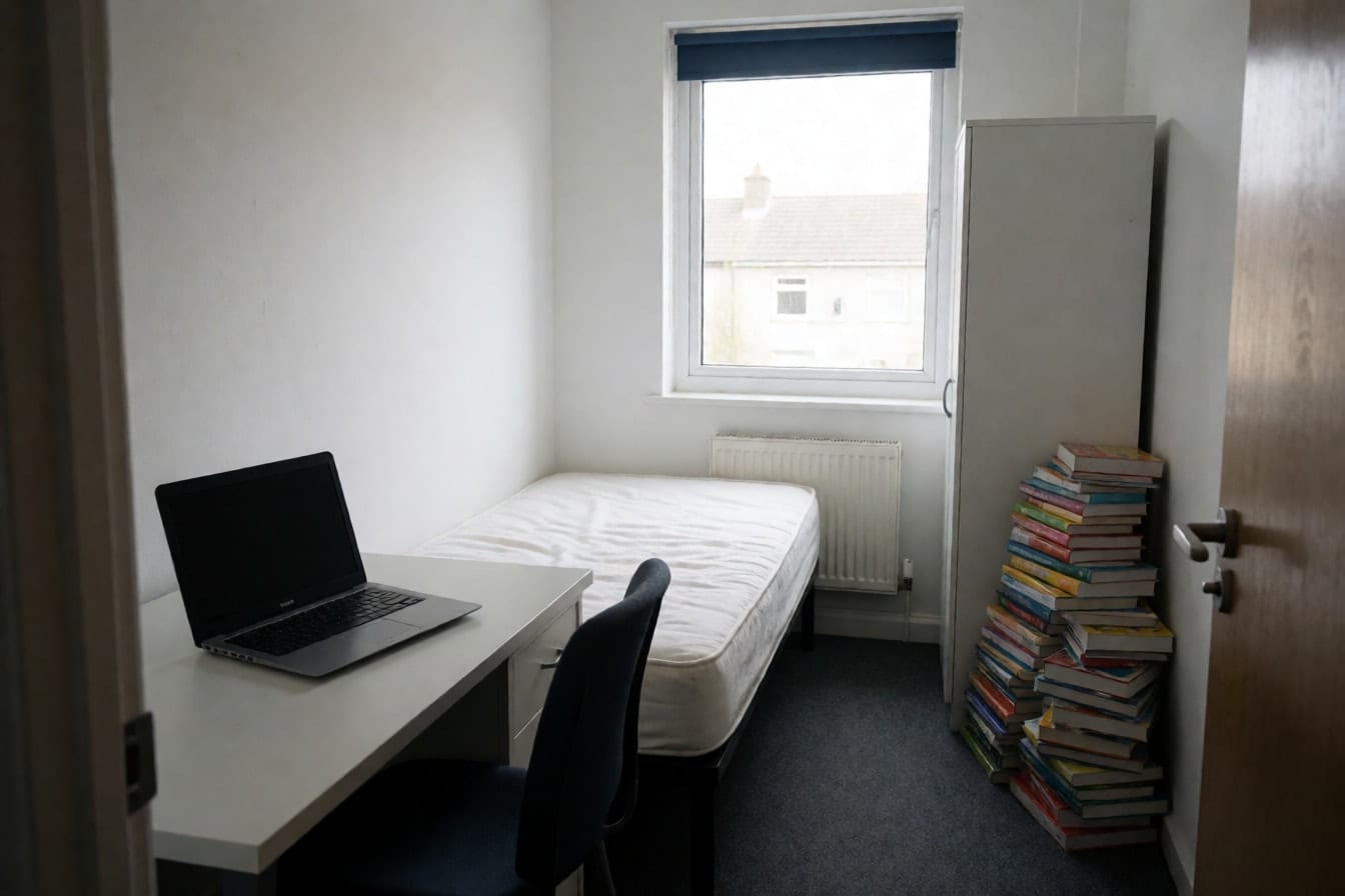 Lille værelse med hvidt skrivebord i et mørkt hjørne ved døren, enkeltseng under vinduet og gråt gulvtæppe