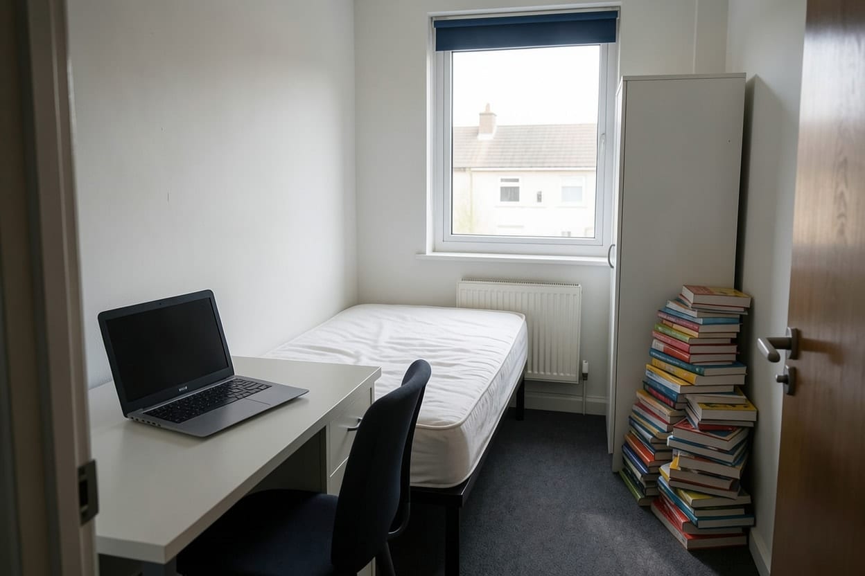 Det samme værelse med skrivebordet flyttet hen til vinduet og sengen skubbet op langs væggen, så gulvet er frit