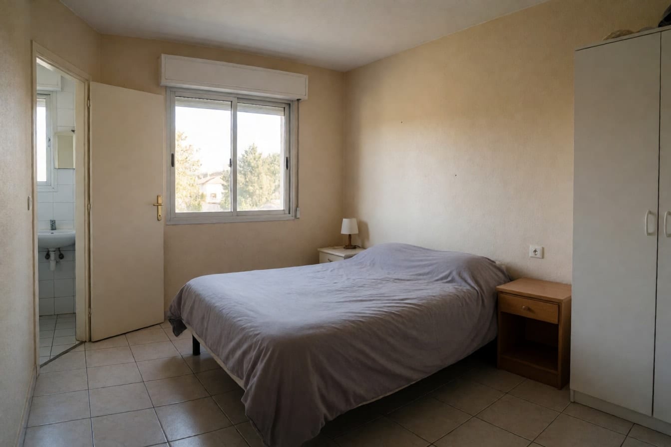 Dormitorio cuadrado con cama doble, armario blanco y suelo cerámico, con la puerta abierta a un pequeño baño
