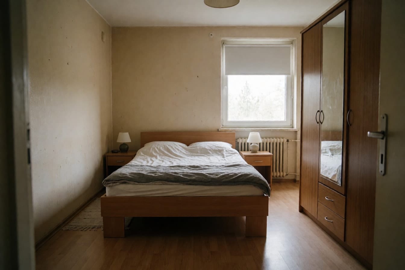 Dormitor modest cu pat dublu din lemn, șifonier cu oglindă și pereți bej decolorați, cu câteva urme