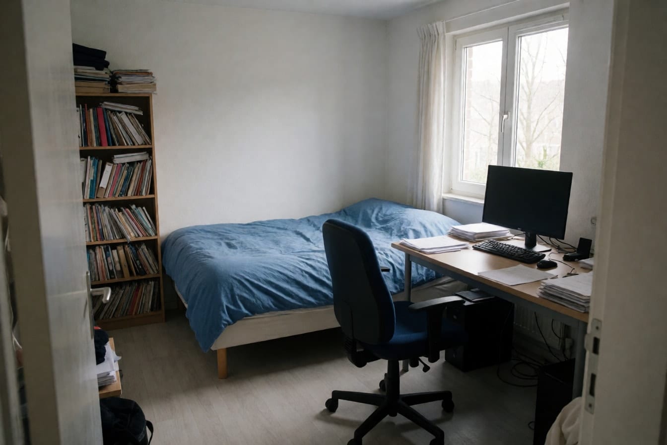 Schlafzimmer mit großem Schreibtisch, Monitor und Bürostuhl in der Raummitte, Bett mit blauer Decke und vollem Ordnerregal
