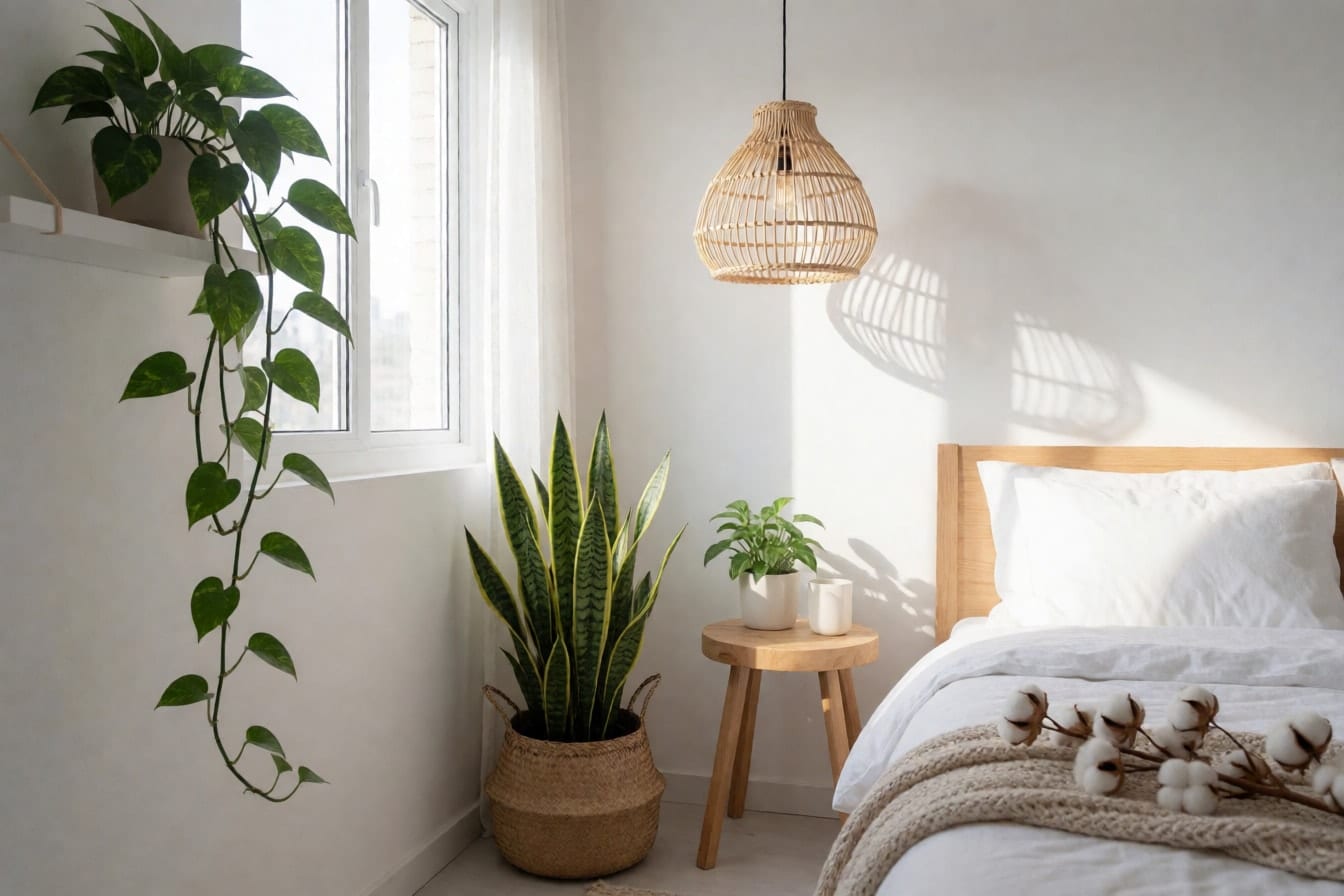 Lyst soveværelse med hængende gyldenranke på en hylde, svigermors tunge i en flettet kurv og rattanlampe i loftet