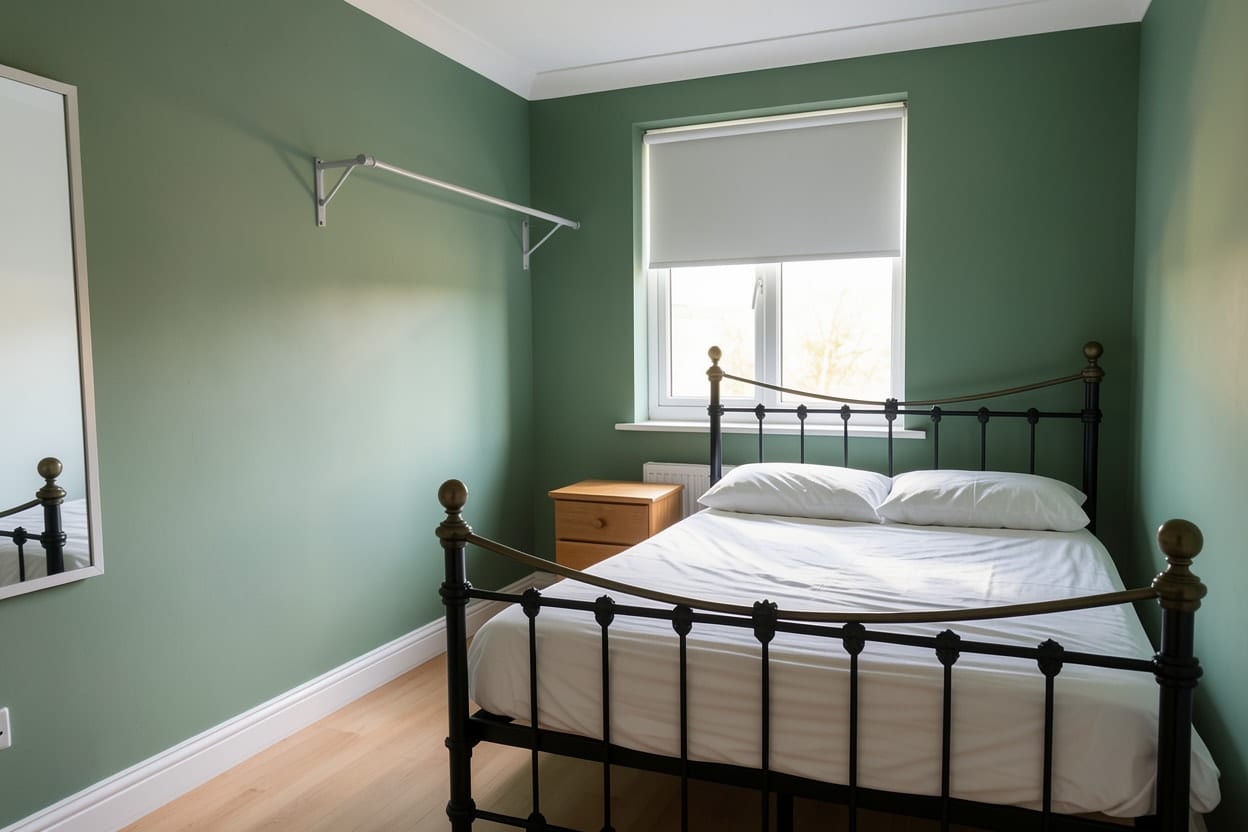 The same bedroom with sage green walls and everything else unchanged