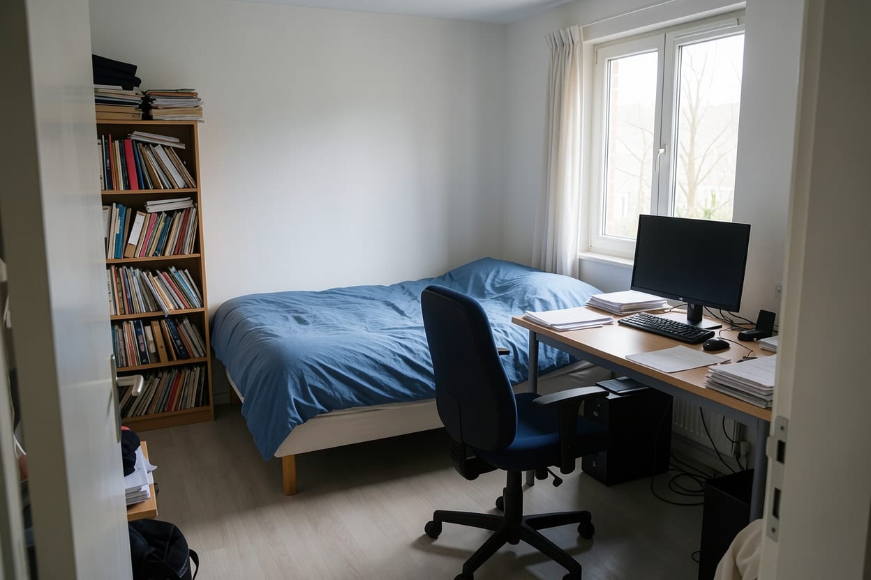 Dasselbe Schlafzimmer mit schmalem Schreibtisch am Fenster, abgewandt vom Bett, und geschlossenem Stauraum