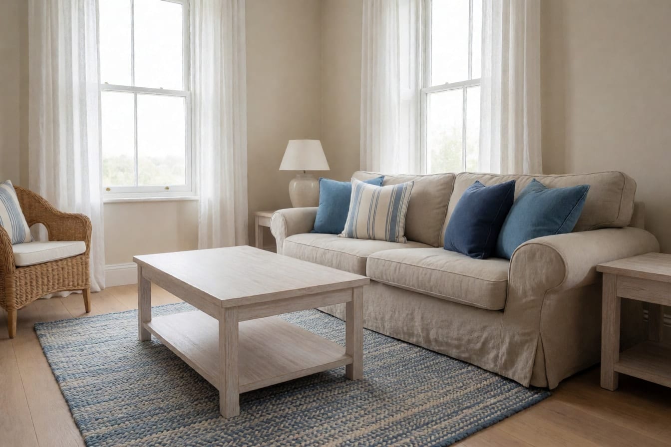 Helles Wohnzimmer in Beige und Blau mit sandfarbenem Leinensofa, blau gestreiften Kissen, Rattansessel und blau-cremefarbenem Teppich