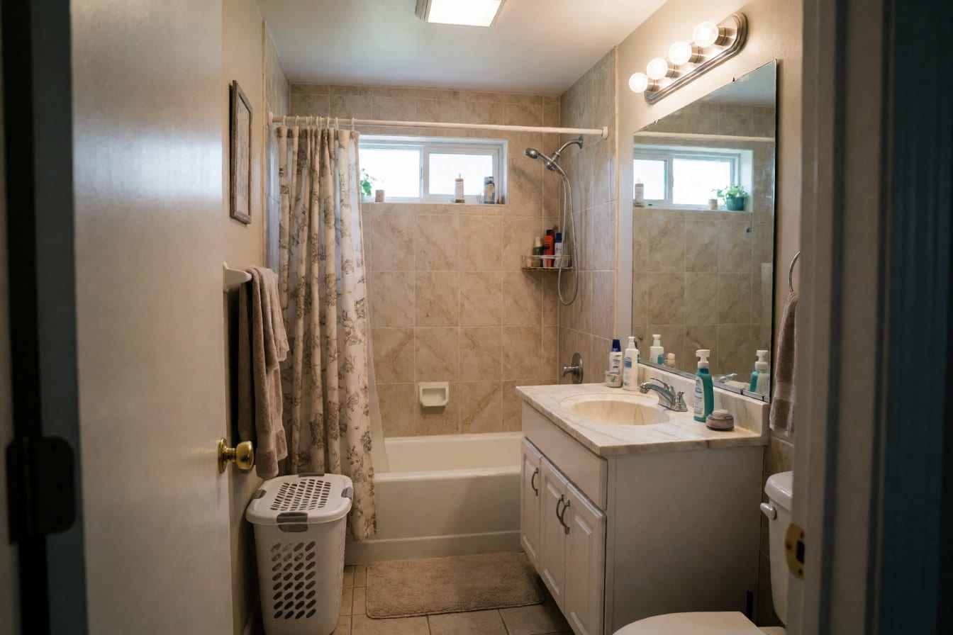 Baño familiar con azulejo beige marmolado, bañera con cortina estampada, mueble blanco con encimera y espejo grande