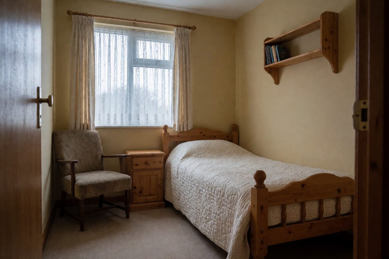 Gästezimmer mit gelblich-beigen Wänden, Bett mit cremefarbener Steppdecke, Nachttisch aus Kiefer, altem Sessel und Gardinen