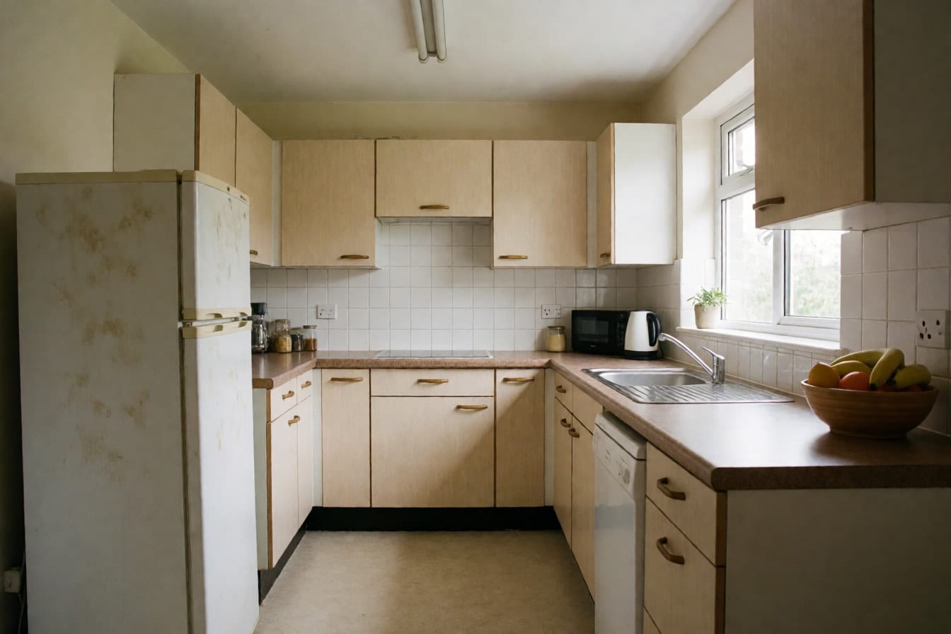 A dated kitchen with beige laminate cabinets, speckled brown countertops and white wall tile
