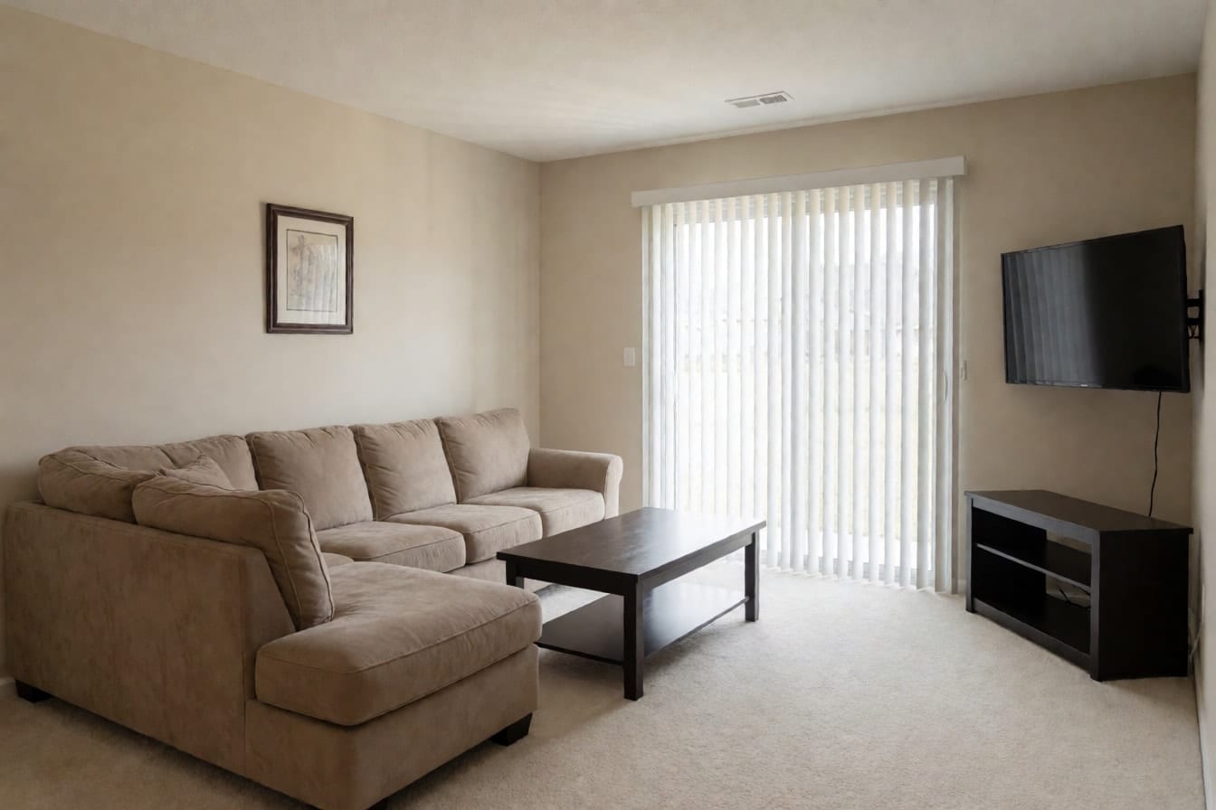 A beige living room with a microfiber sectional, a wall-mounted TV and a sliding glass door