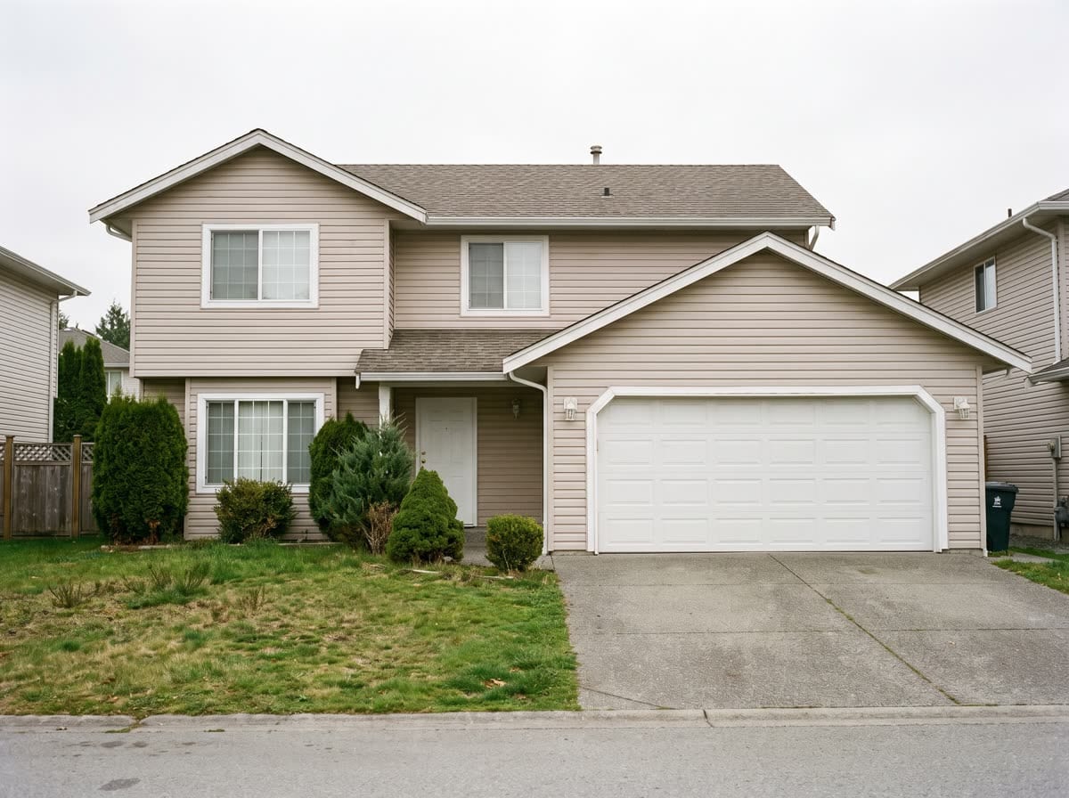 A two-story house with beige siding, a white garage door and a patchy lawn