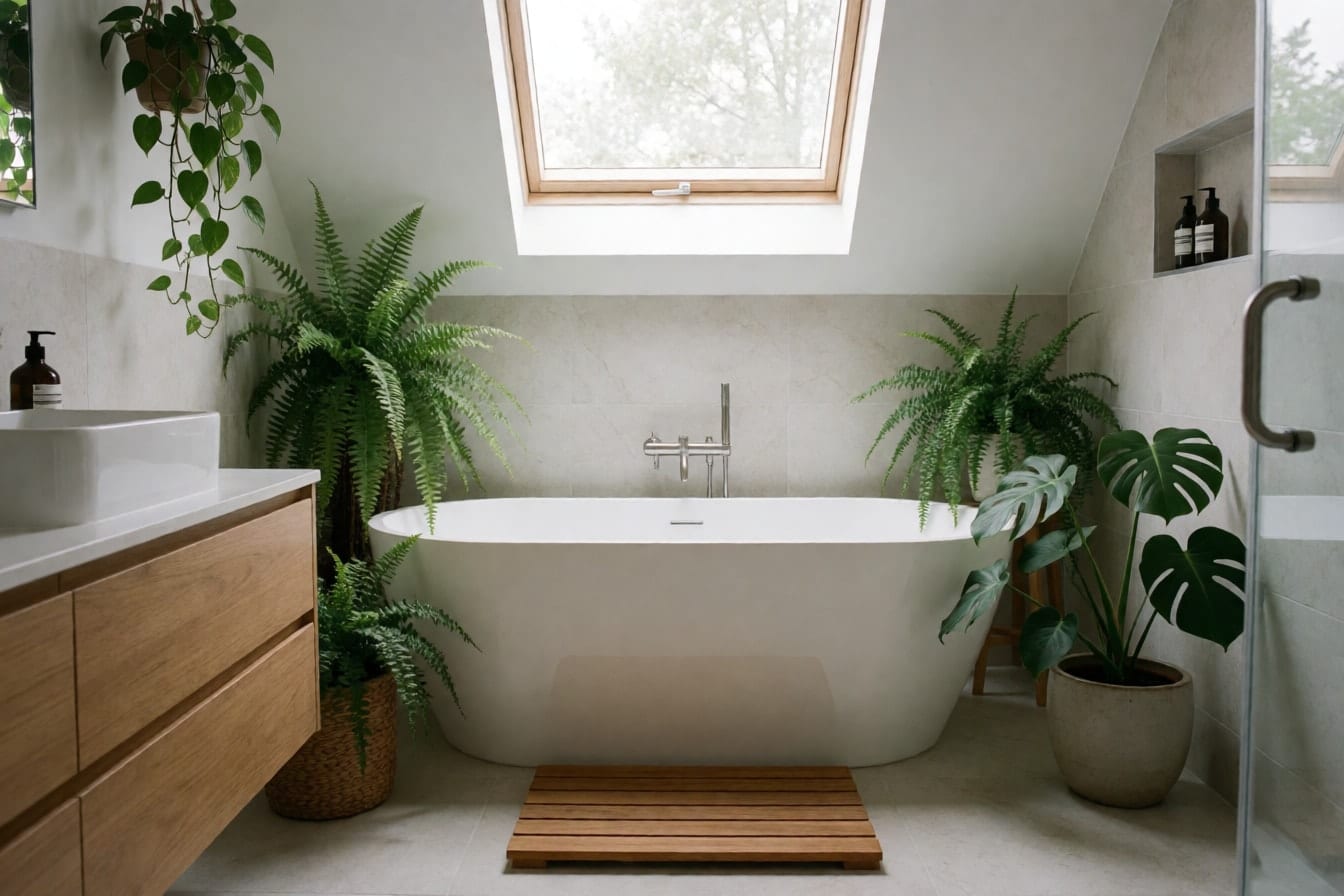 Baño con claraboya, bañera exenta blanca, revestimiento de piedra clara y muchas plantas verdes