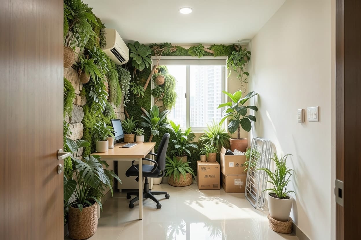 A spare room in a high-rise condo, made into a Biophilic home office with Redesign and Fresh greens.