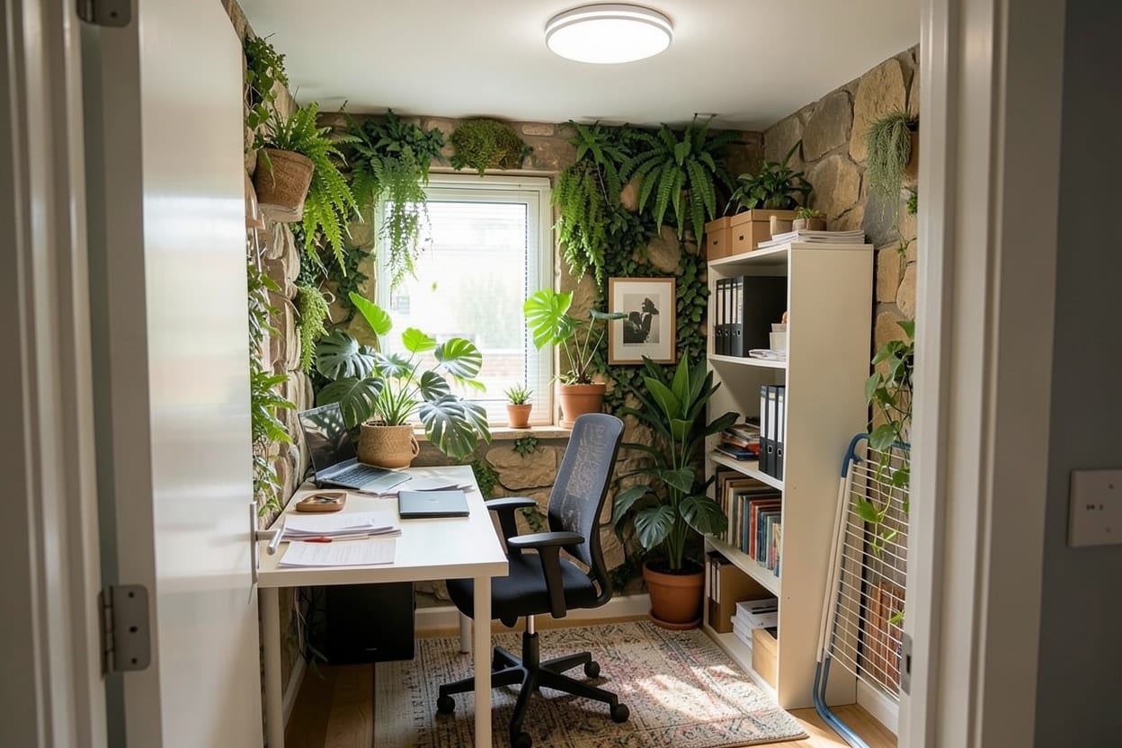 Uno studio in casa in stile biofilico con piante, scrivania in legno e luce naturale dalla finestra