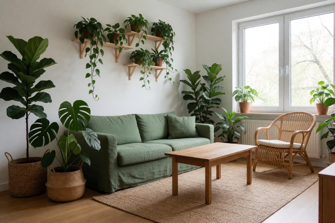 Helles Wohnzimmer voller Pflanzen mit Geigenfeige und Monstera in Körben, Efeutute auf Holzregalen, moosgrünem Sofa und Rattansessel