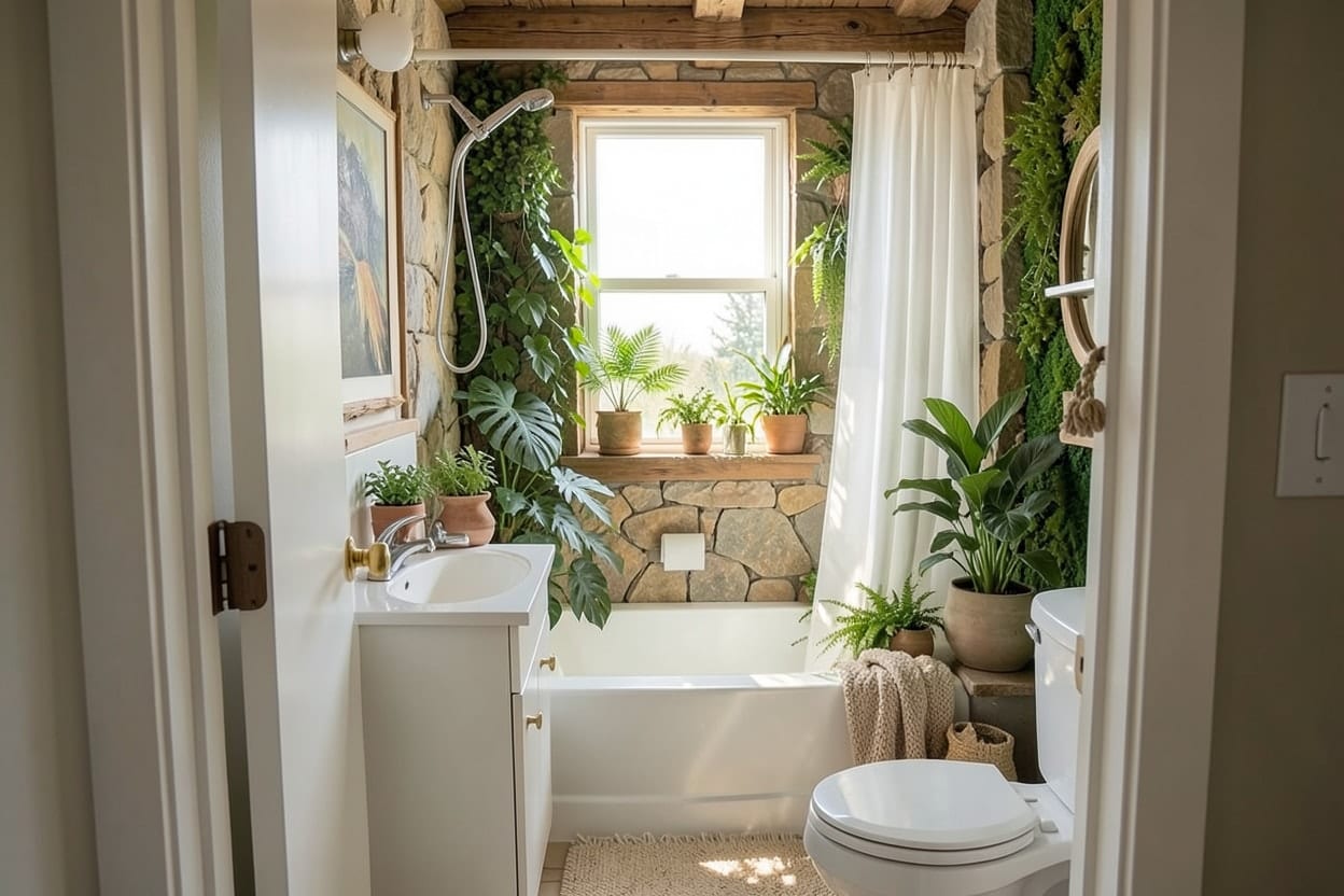 Banheiro pequeno com janela sobre a banheira decorado com plantas, madeira e pedra