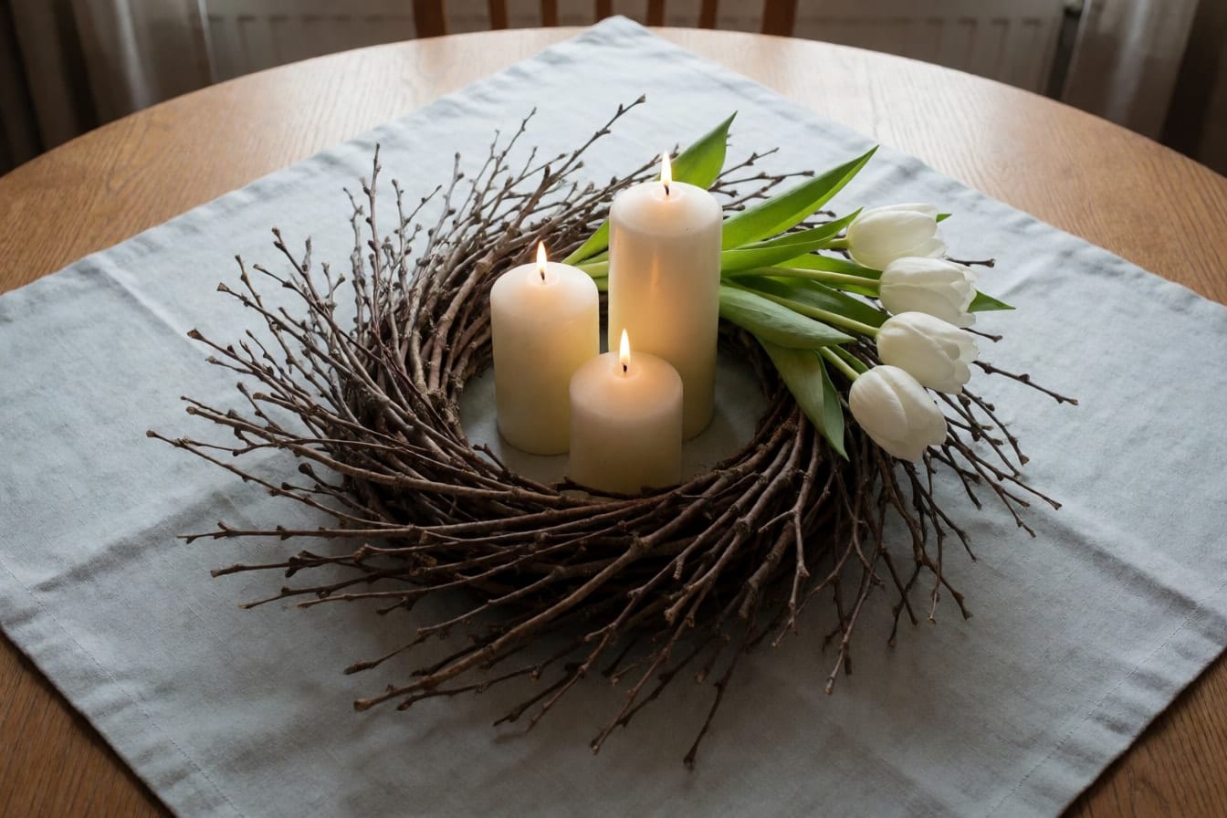 Kranz aus Birkenzweigen auf einem runden Holztisch mit drei cremefarbenen Kerzen und weißen Tulpen
