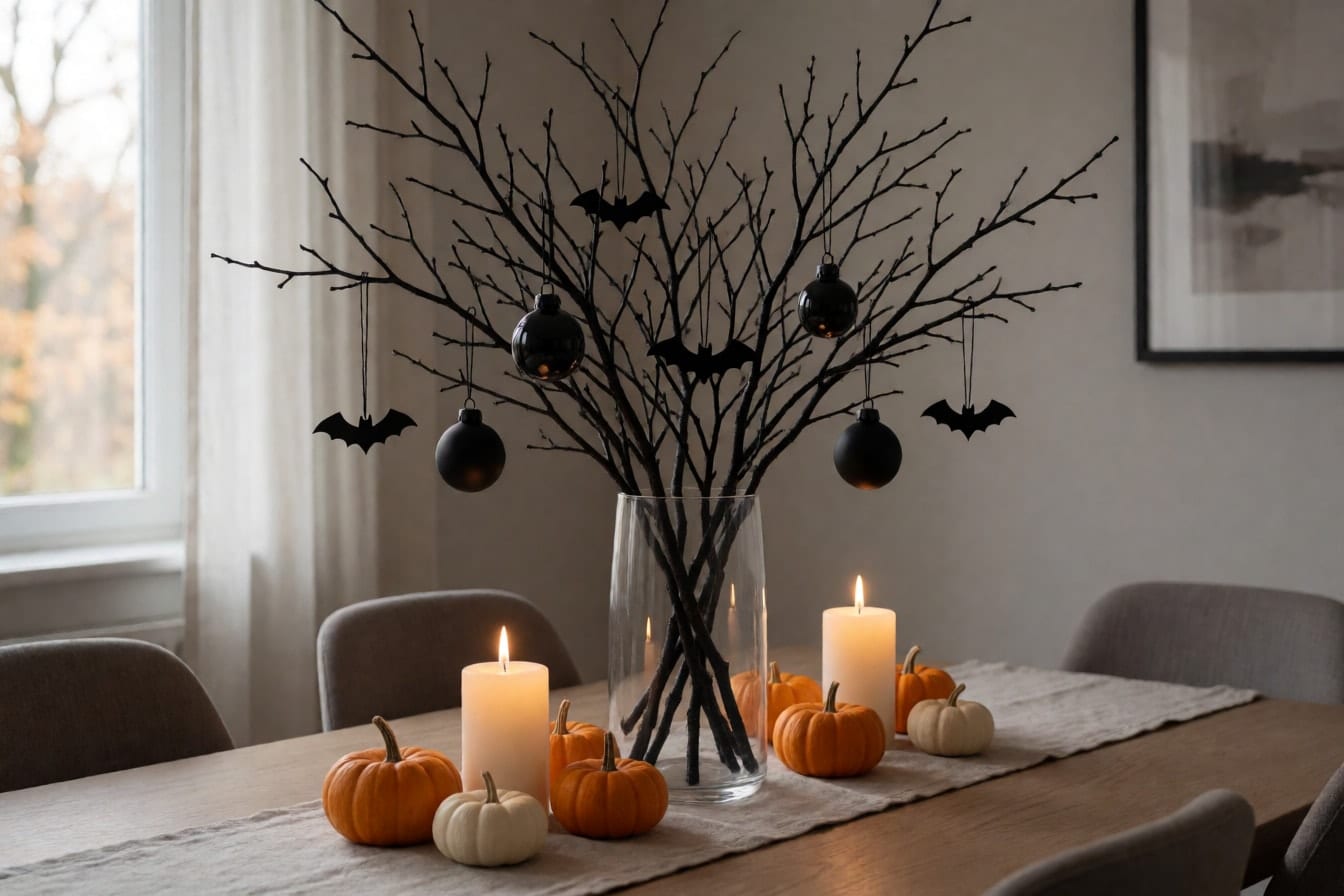 A centerpiece of black branches in a glass vase with hanging ornaments, mini pumpkins and candles