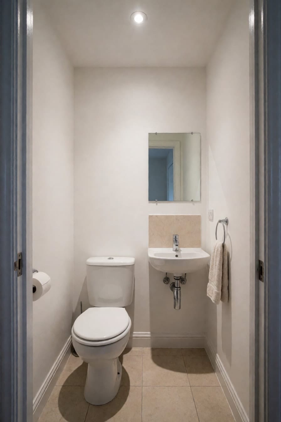 Lavabo pequeno com paredes brancas, vaso sanitário, cuba de coluna cromada e espelho quadrado